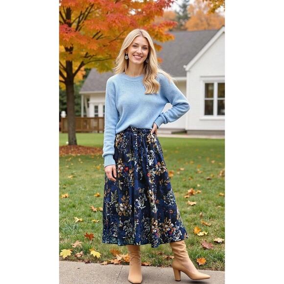 EUC Maxi Skirt Sz L Women Pockets Midi Length Casual Blue Floral Boho Cottage - Picture 1 of 11